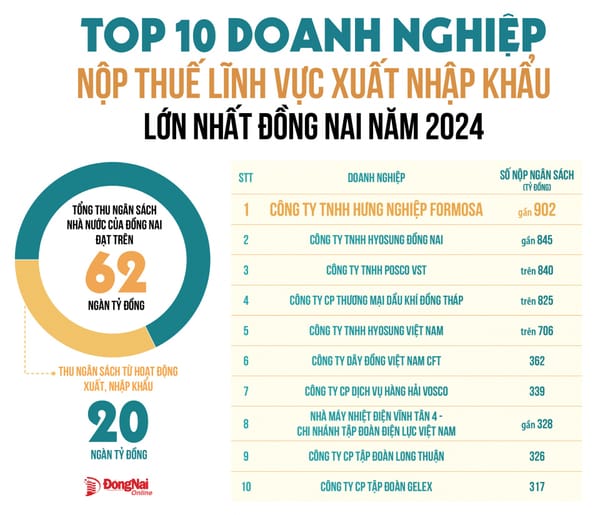 Top 10 doanh nghiệp xuất nhập khẩu Đồng Nai đóng thuế nhiều nhất năm 2024.
